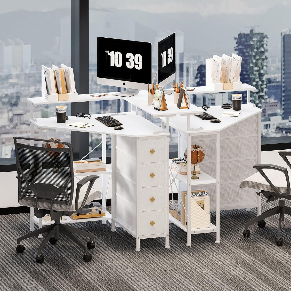 White Corner Desk with Drawers Shelves and Power Outlets A594244