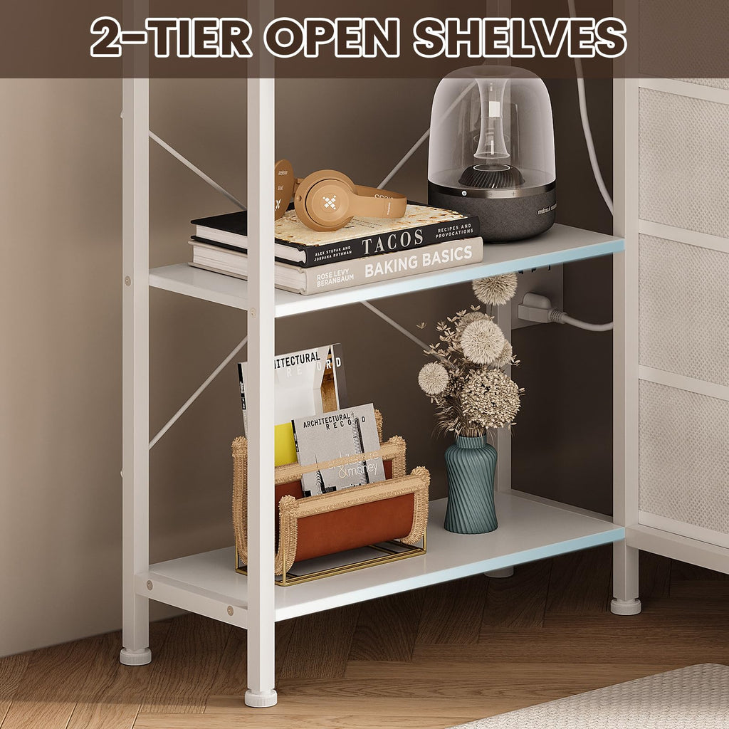 White Corner Desk with Drawers Shelves and Power Outlets A594244