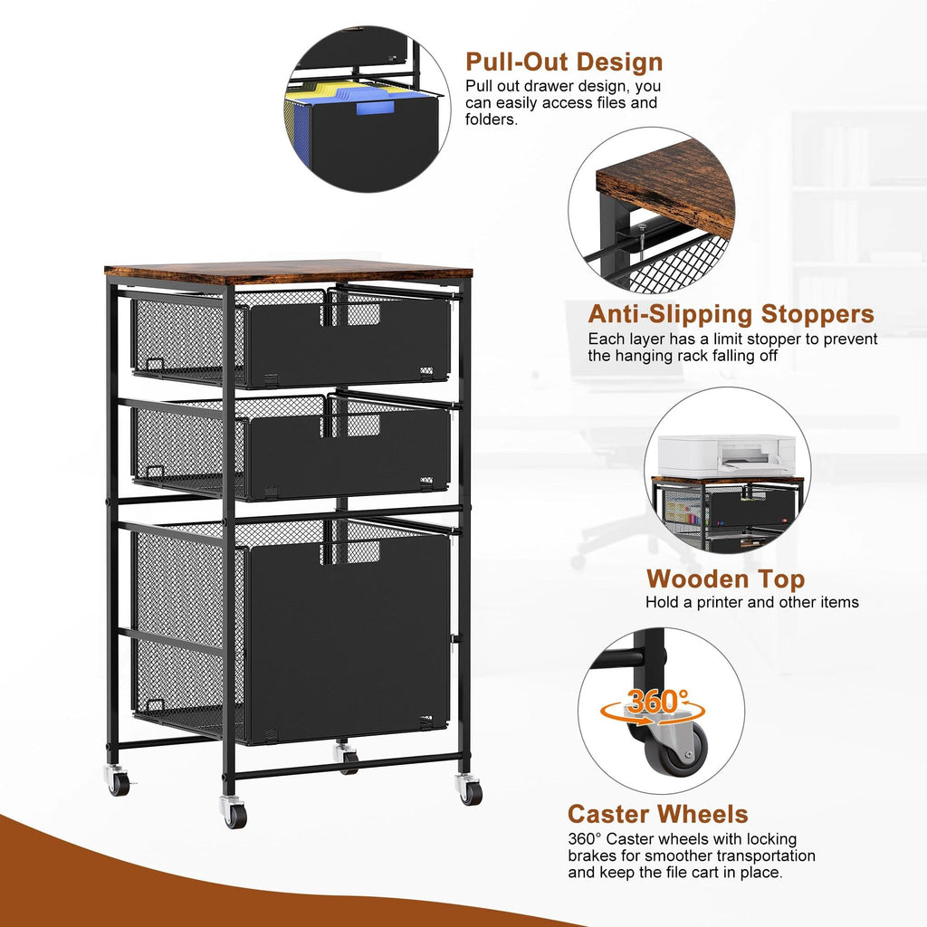 Black 3 Drawer Rolling File Cabinet with Printer Stand D298567