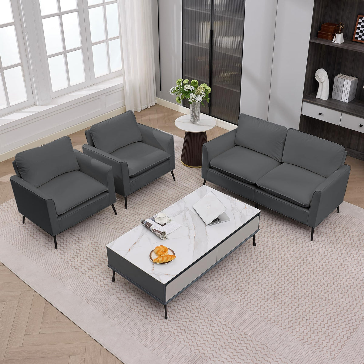 Light Gray Leather Upholstered Sofa Loveseat Two-Pack X356
