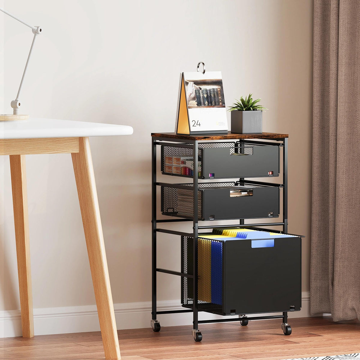 Black 3 Drawer Rolling File Cabinet with Printer Stand D298567