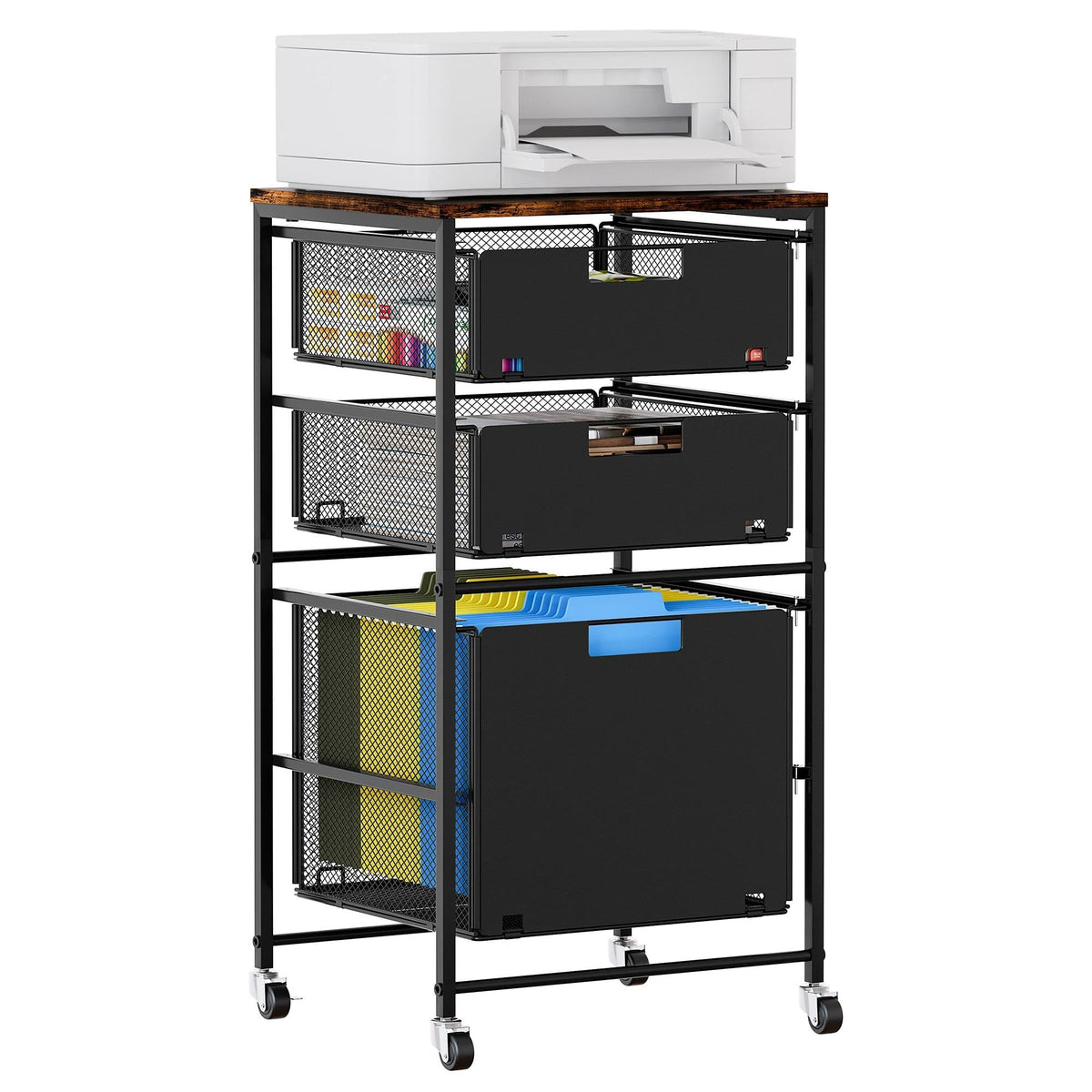 Black 3 Drawer Rolling File Cabinet with Printer Stand D298567
