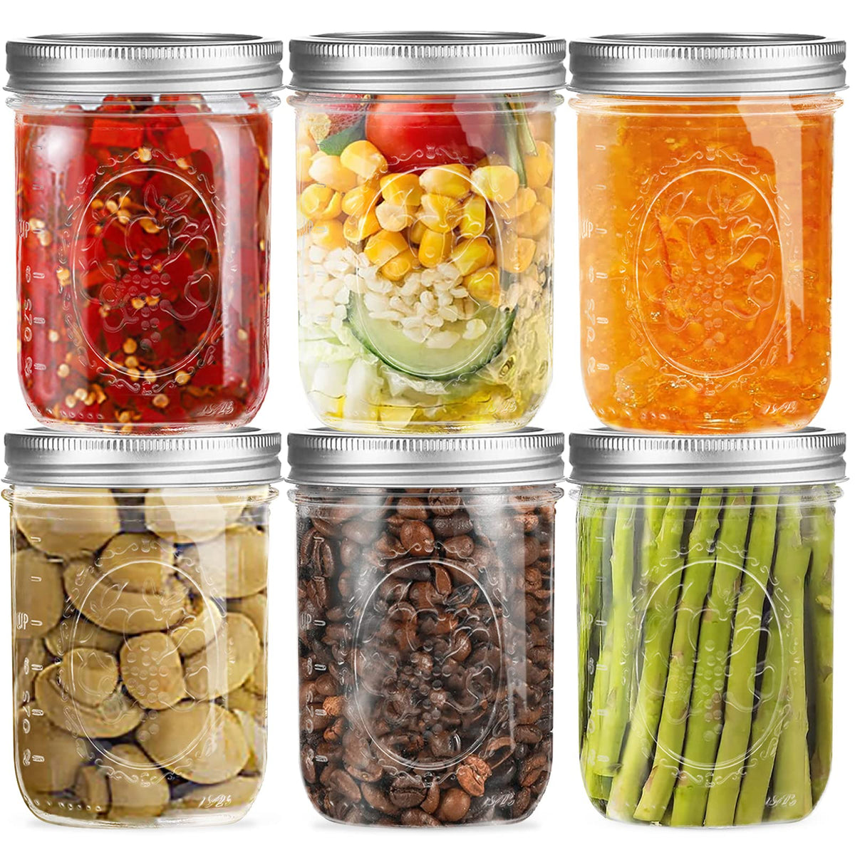 16 oz 6 Pack Wide Mouth Glass Mason Jars with Airtight Lids J416766
