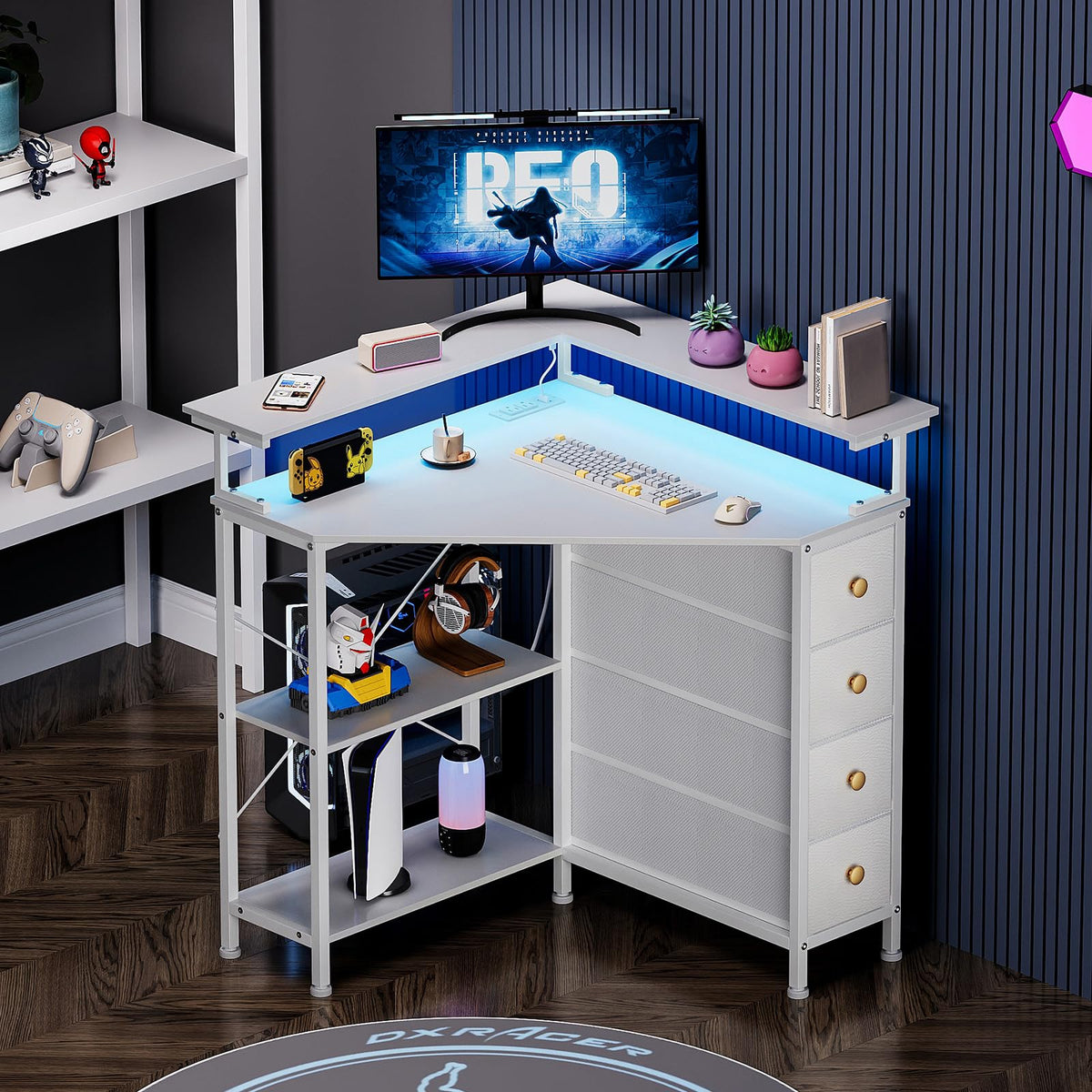 White Corner Desk with Drawers Shelves and Power Outlets A594244
