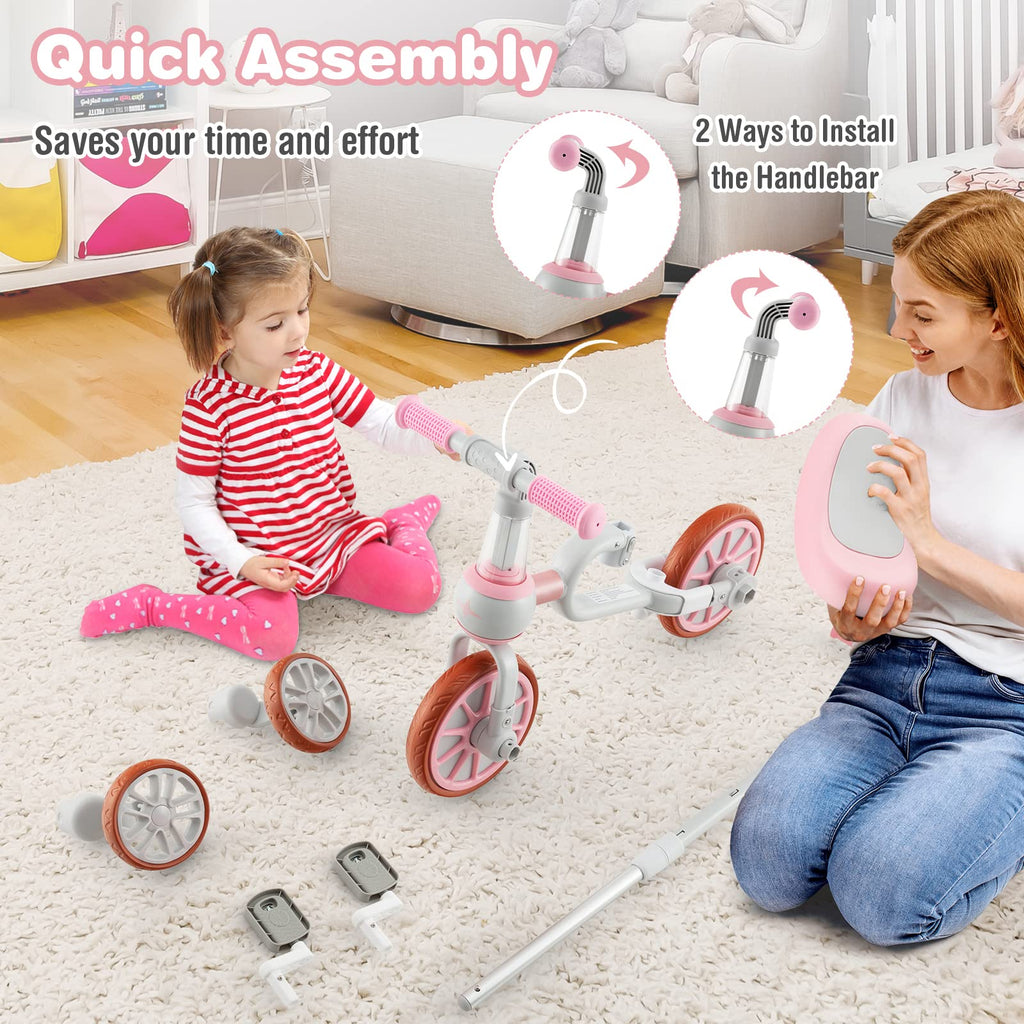 4 in 1 Tricycle with Adjustable Seat & Push Handle, Removable Pedals & Training Wheels, Pink S897731