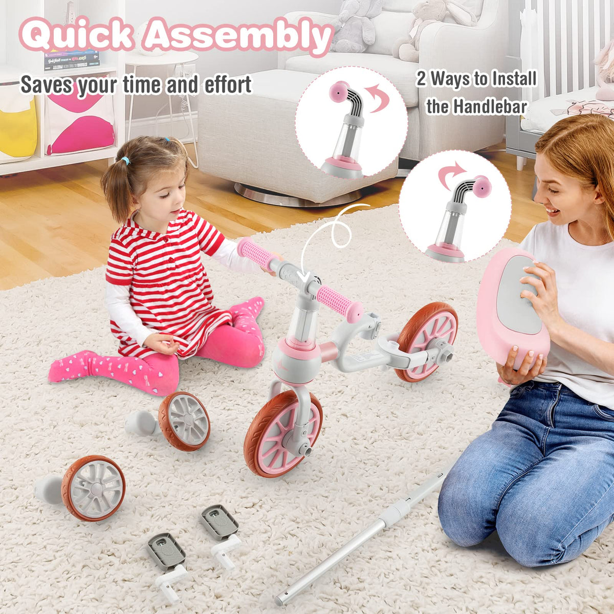 4 in 1 Tricycle with Adjustable Seat & Push Handle, Removable Pedals & Training Wheels, Pink S897731
