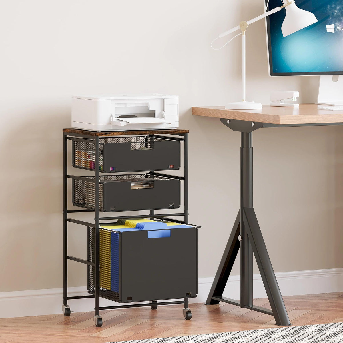 Black 3 Drawer Rolling File Cabinet with Printer Stand D298567