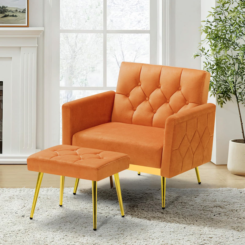 Orange Velvet Accent Chair with Ottoman Y3514