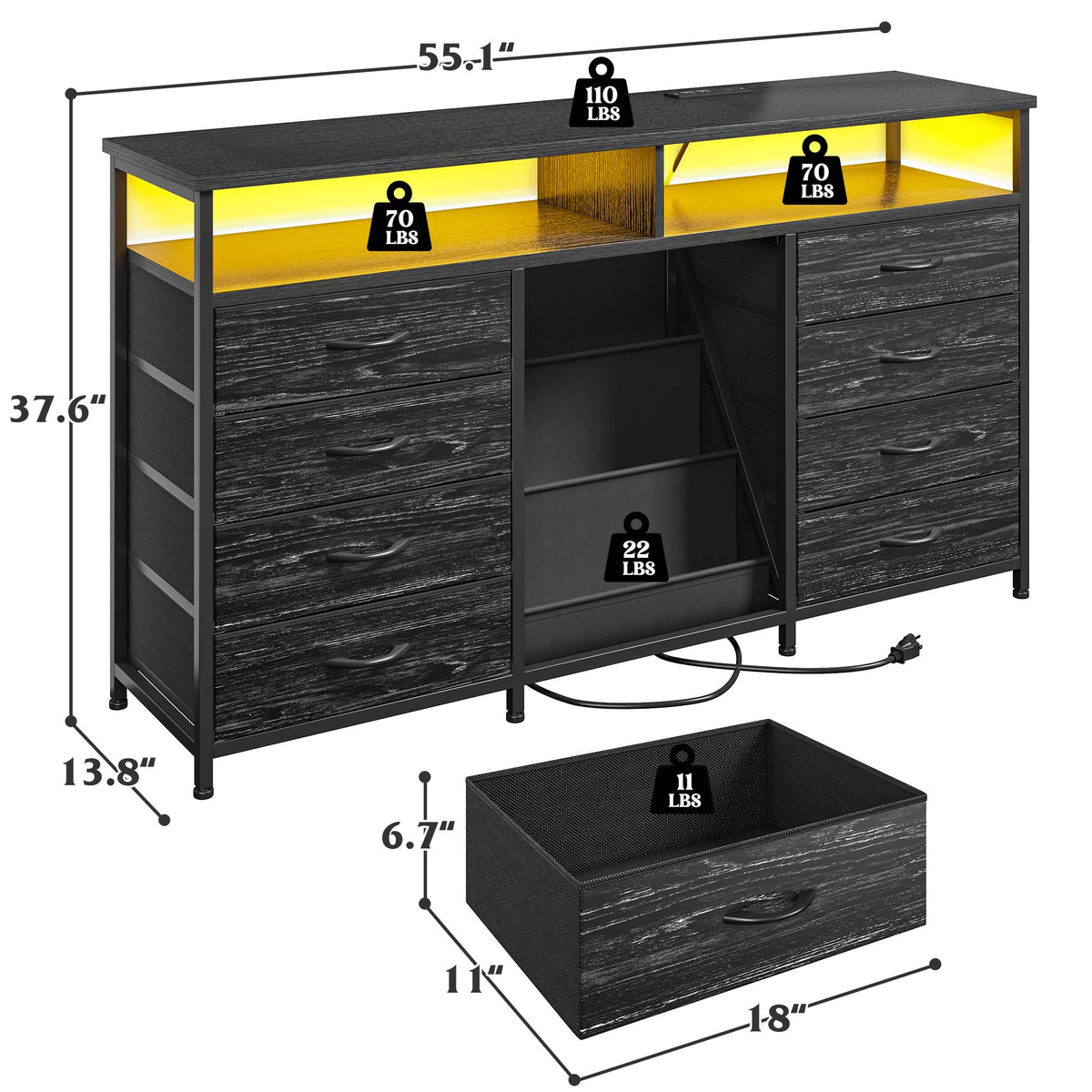 55" W LED Dresser with 8 Drawers & Power Outlet T90646