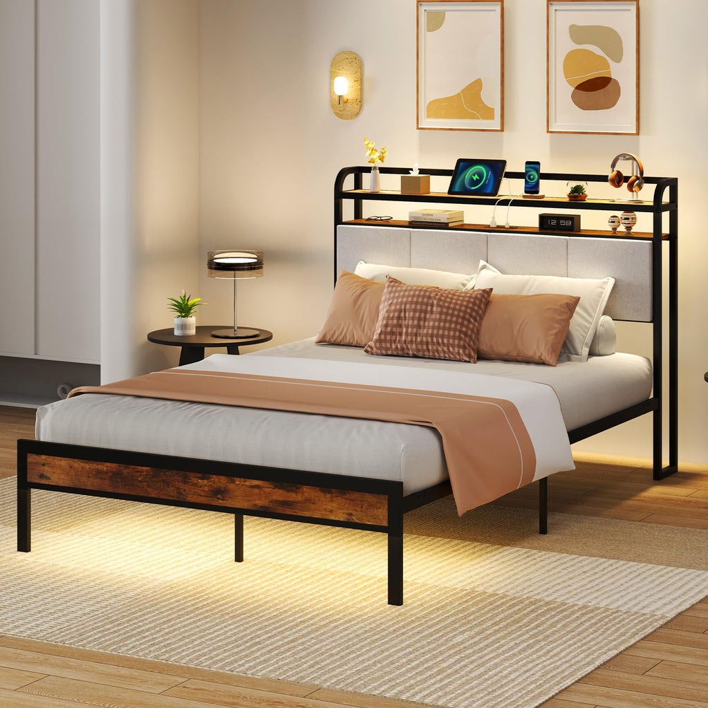 Full Size Metal Platform Bed with Storage Headboard S22307