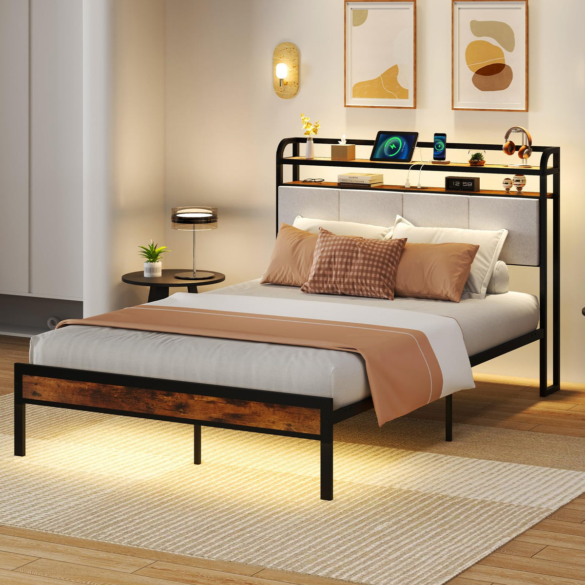 Full Size Metal Platform Bed with Storage Headboard S22307