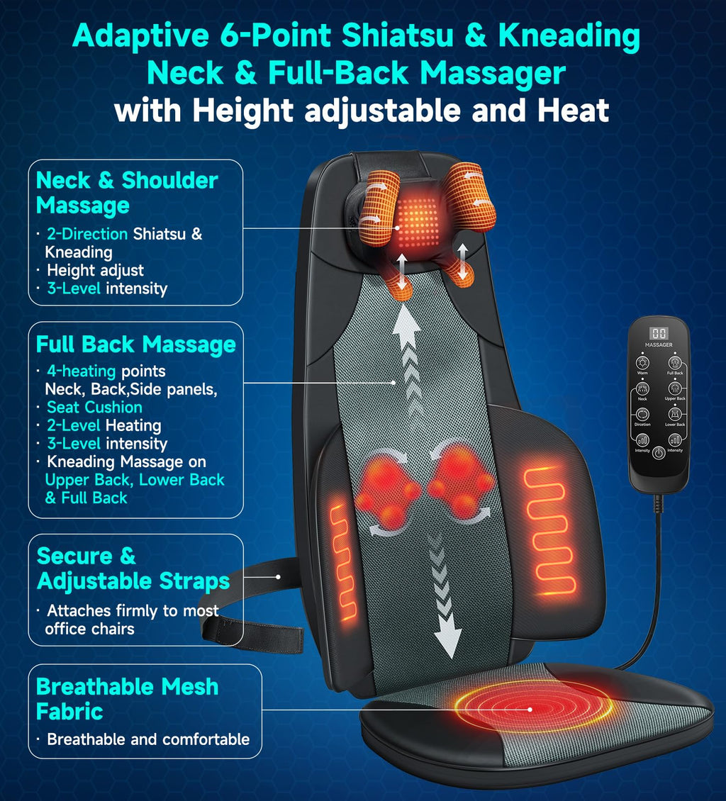 Black Shiatsu Back Massager Chair Pad with 4-Zone Heat M207977