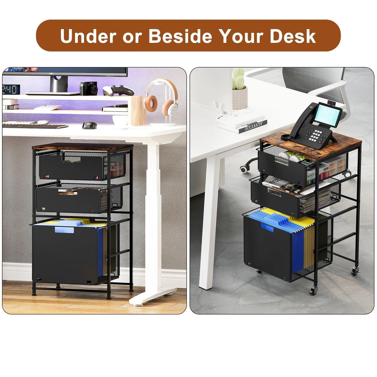 Black 3 Drawer Rolling File Cabinet with Printer Stand D298567