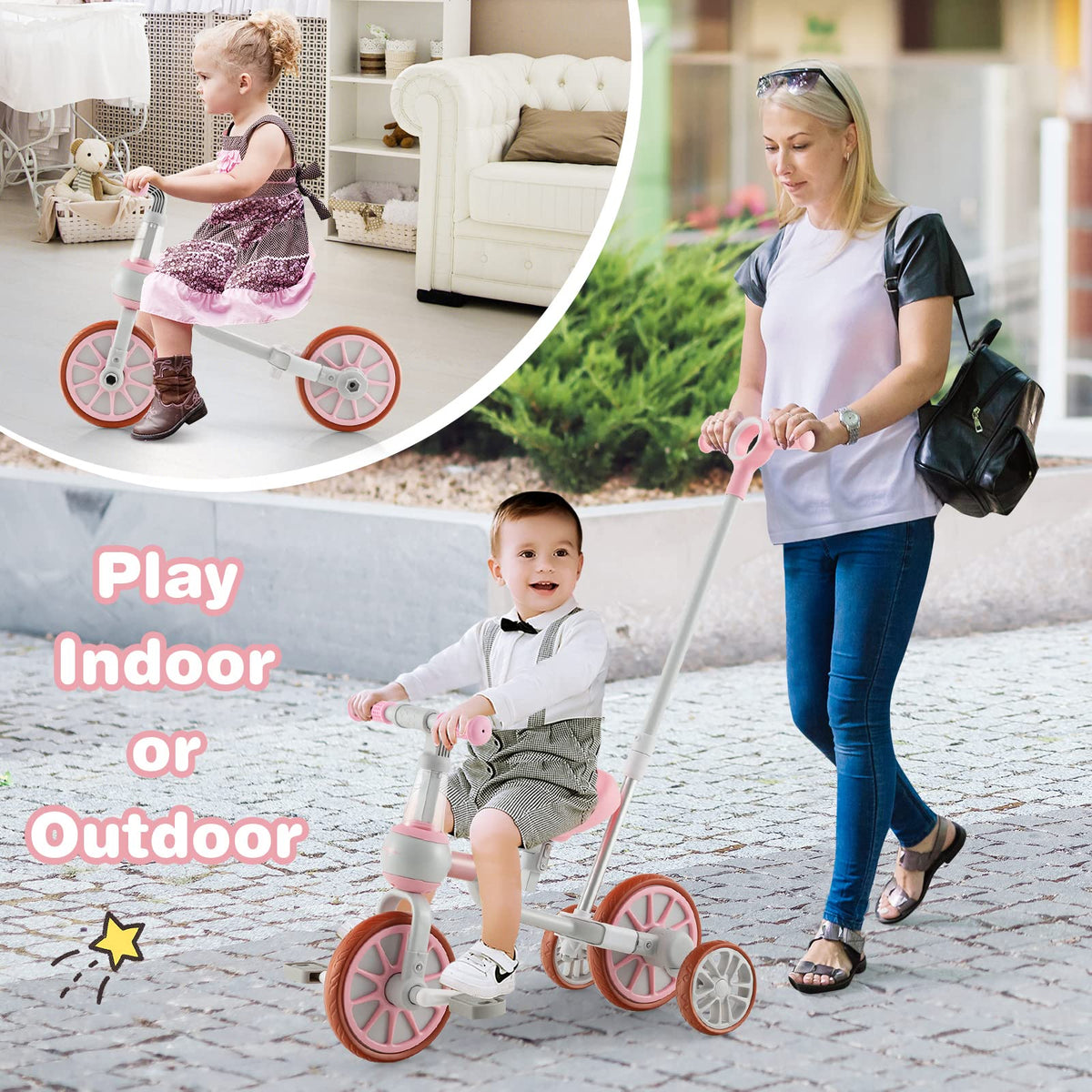 4 in 1 Tricycle with Adjustable Seat & Push Handle, Removable Pedals & Training Wheels, Pink S897731