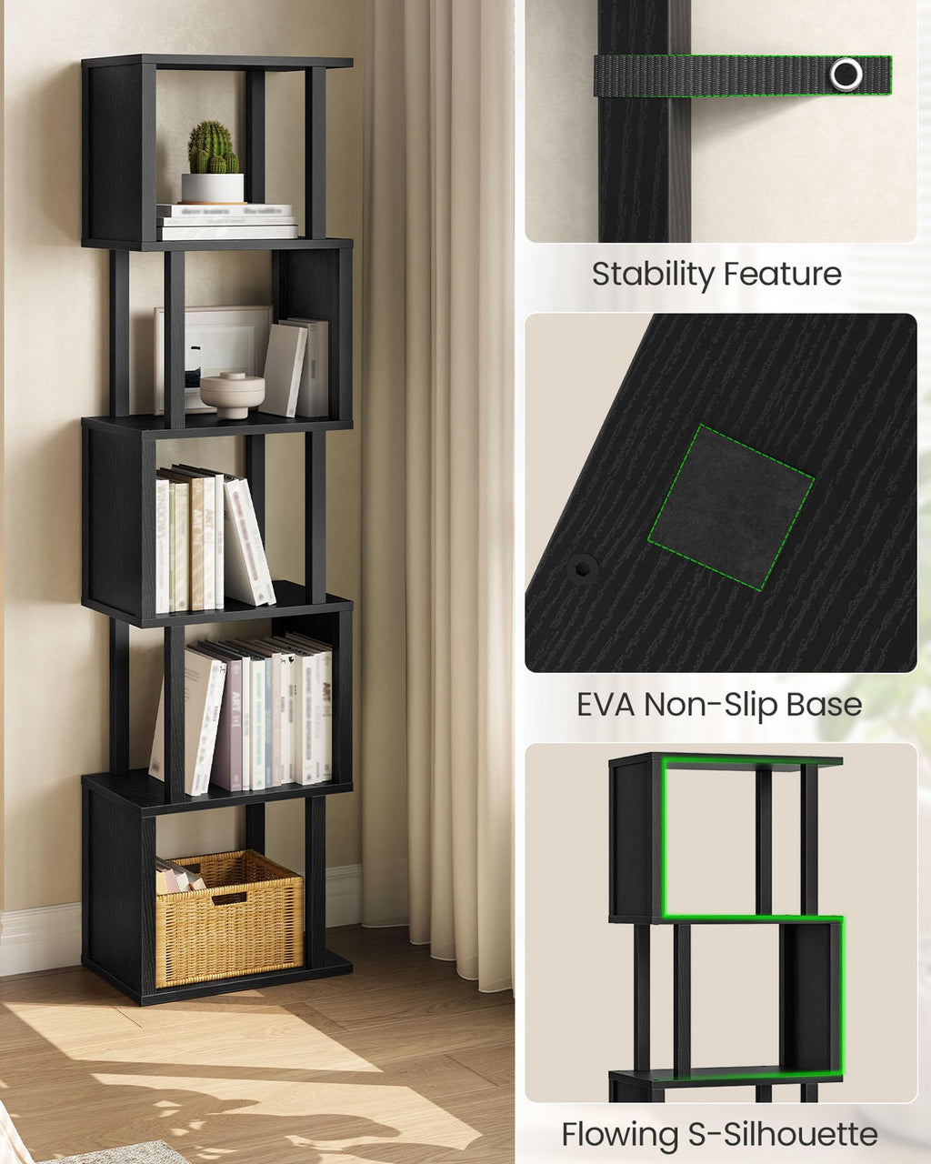 Black 5-Tier Bookshelf with Anti-Tip Kit V859