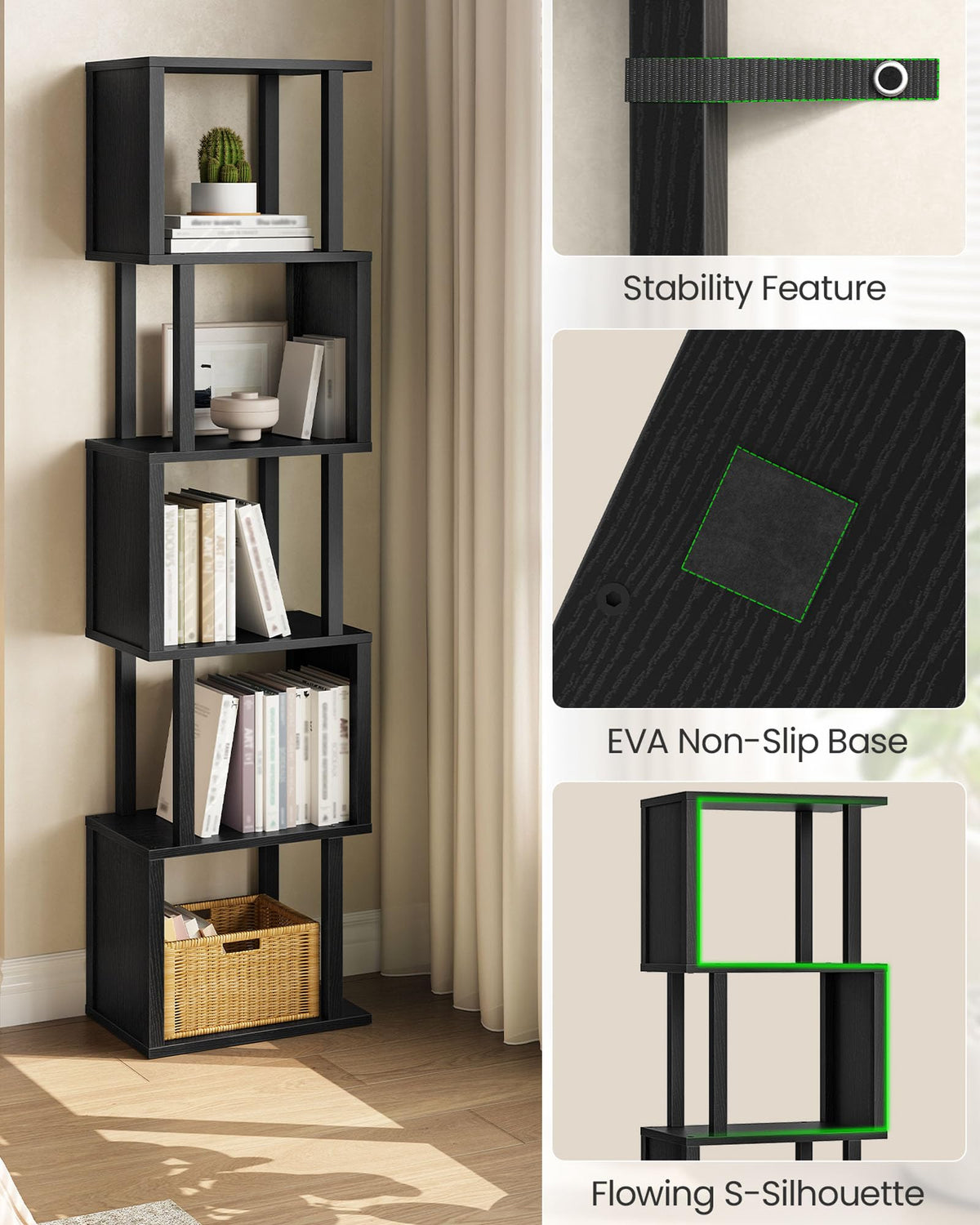 Black 5-Tier Bookshelf with Anti-Tip Kit V859