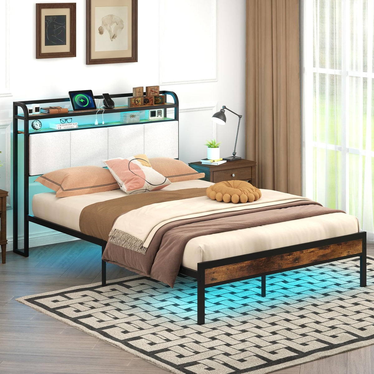 Full Size Metal Platform Bed with Storage Headboard S22307