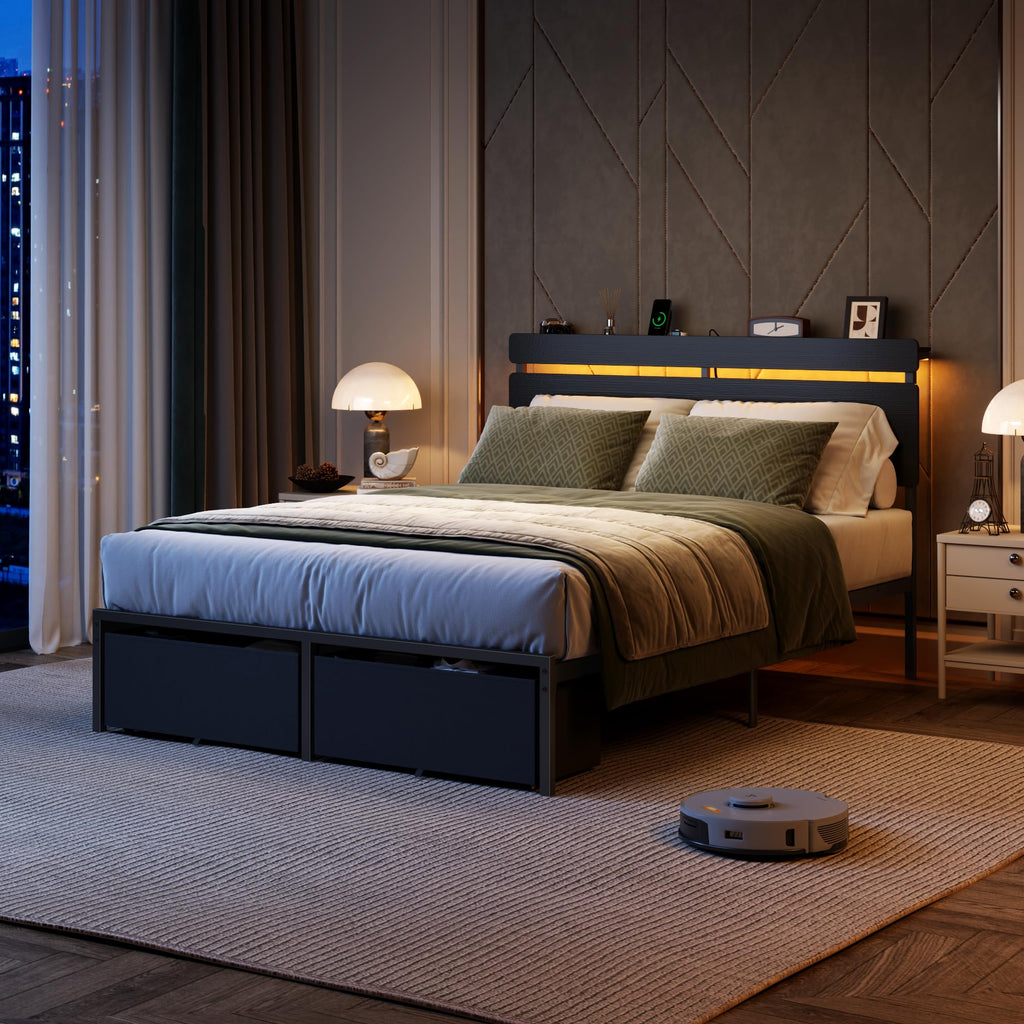 Full Size Bed Frame with Wood Headboard and Storage Drawers Q20467