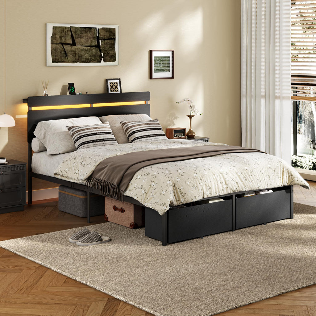 Full Size Bed Frame with Wood Headboard and Storage Drawers Q20467