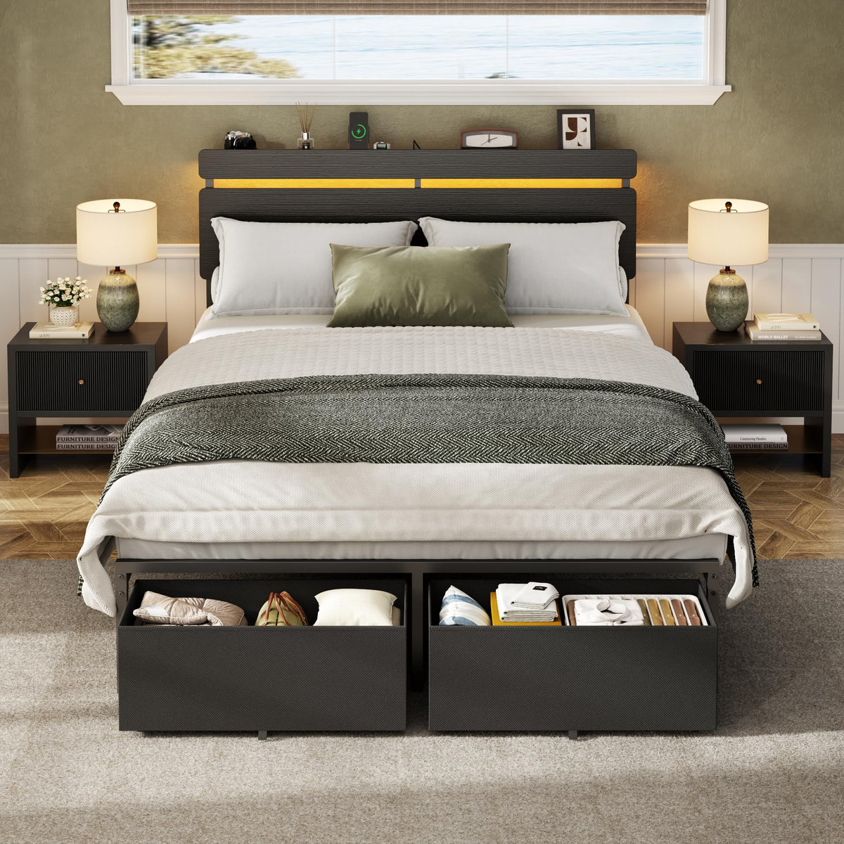 Full Size Bed Frame with Wood Headboard and Storage Drawers Q20467