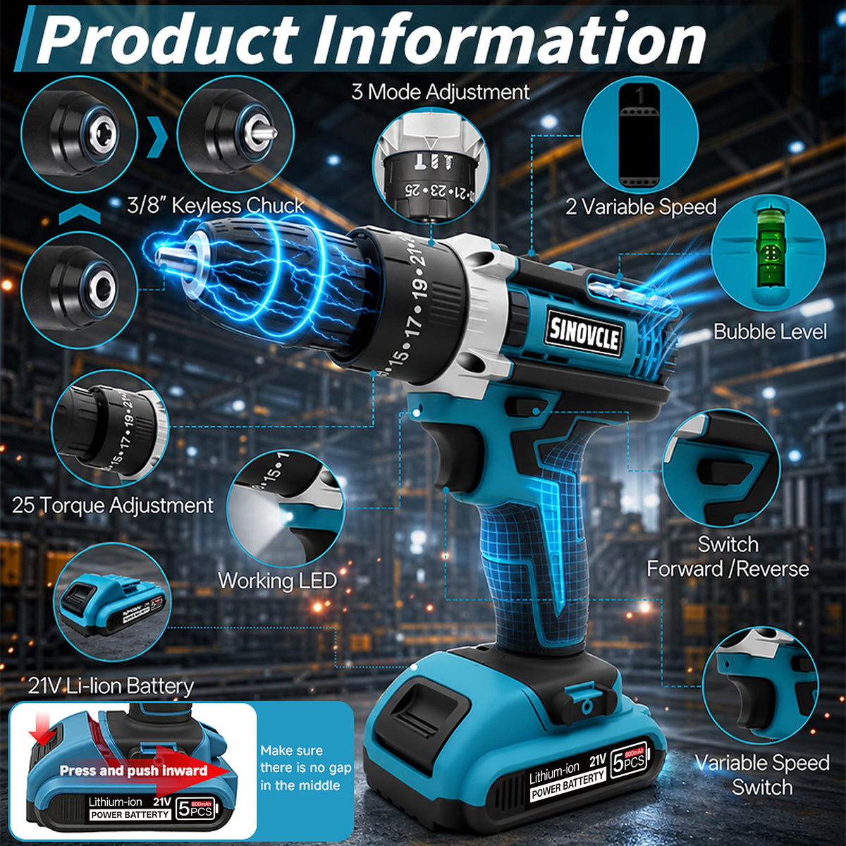 21V Cordless Drill, 2 Batteries, 50Nm Torque, 30-Piece Kit S168